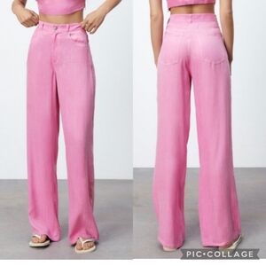 NWT Pink Zara High‎ Waist Wide Leg Bubblegum Pink Trousers Pants Large